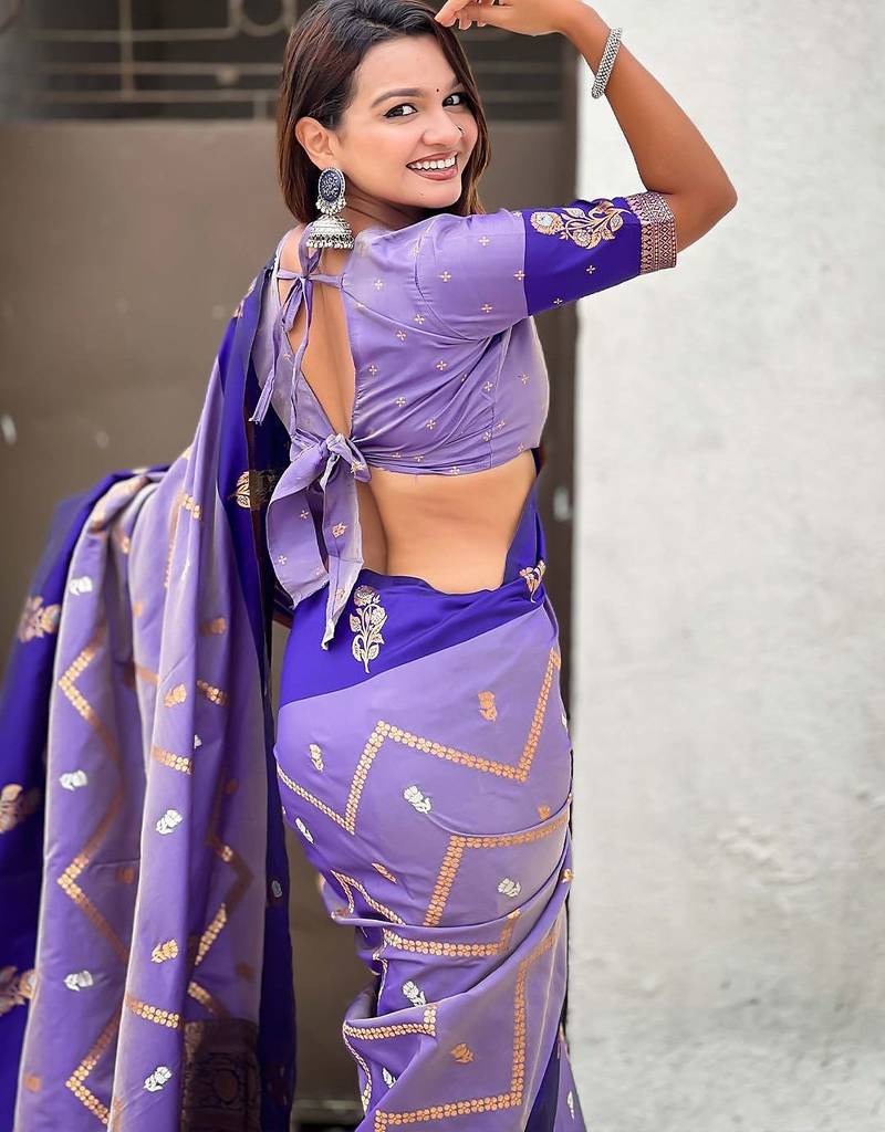 Violet ethnic motifs woven design zari banarasi saree
