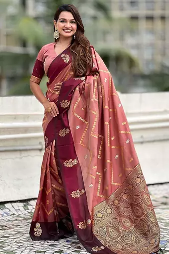 Coral woven design zari silk blend banarasi saree