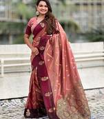 Coral woven design zari silk blend banarasi saree