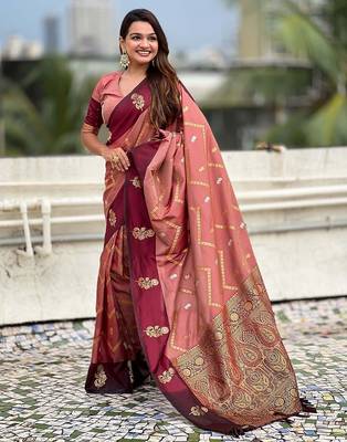 Coral woven design zari silk blend banarasi saree 2