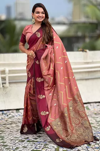 Coral woven design zari silk blend banarasi saree