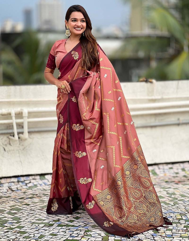 Coral woven design zari silk blend banarasi saree