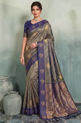 grey brasso saree with navy blue blouse for women festive party ethnic wear