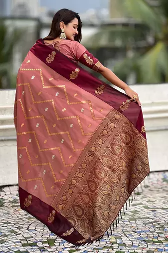 Coral woven design zari silk blend banarasi saree