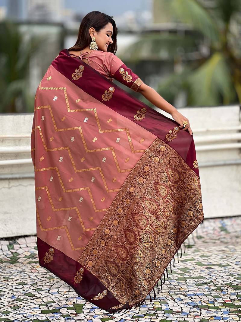 Coral woven design zari silk blend banarasi saree