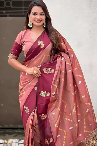 Coral woven design zari silk blend banarasi saree