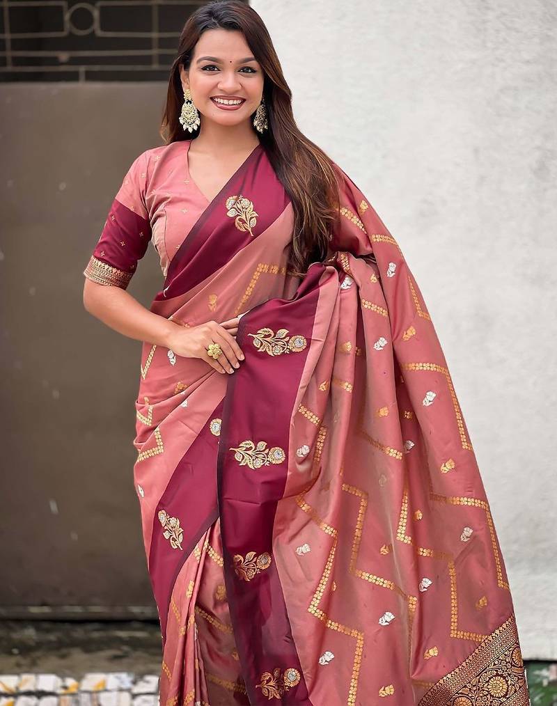 Coral woven design zari silk blend banarasi saree