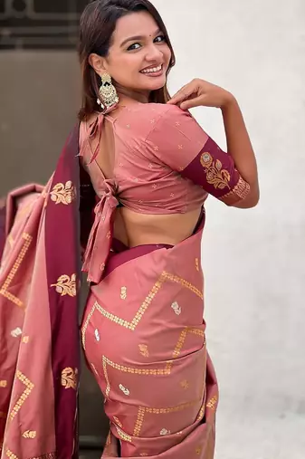 Coral woven design zari silk blend banarasi saree