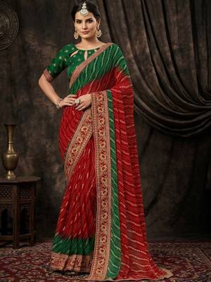 Red bandhani embroidered poly georgette heavy work bandhani saree 1