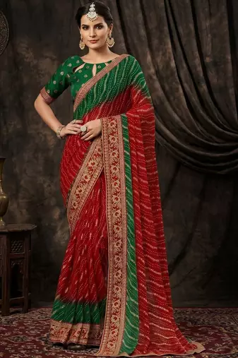 Red bandhani embroidered poly georgette heavy work bandhani saree