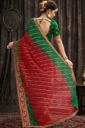 Red bandhani embroidered poly georgette heavy work bandhani saree