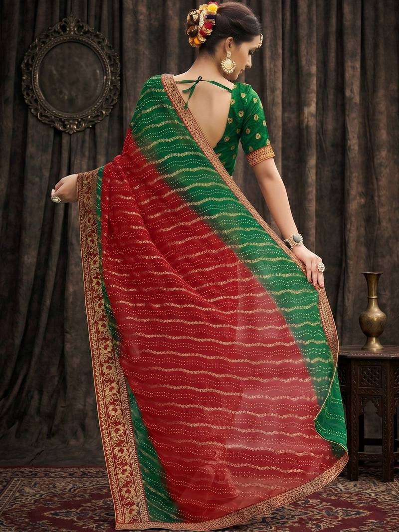 Red bandhani embroidered poly georgette heavy work bandhani saree