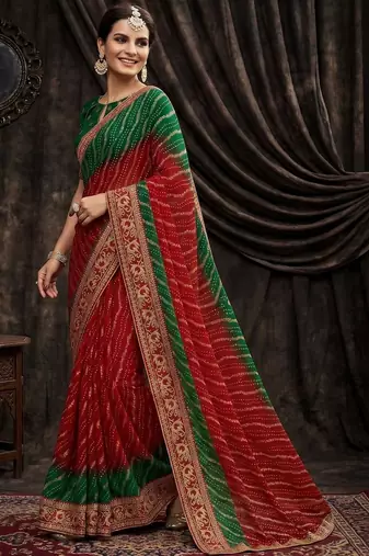 Red bandhani embroidered poly georgette heavy work bandhani saree