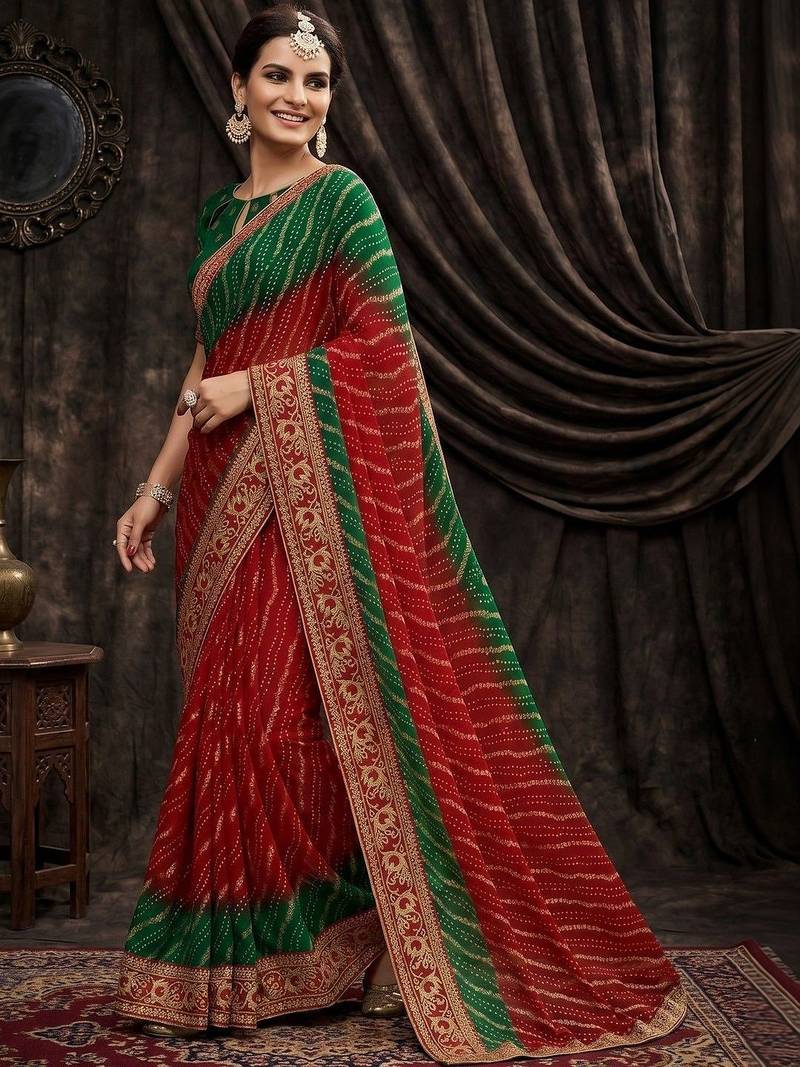Red bandhani embroidered poly georgette heavy work bandhani saree