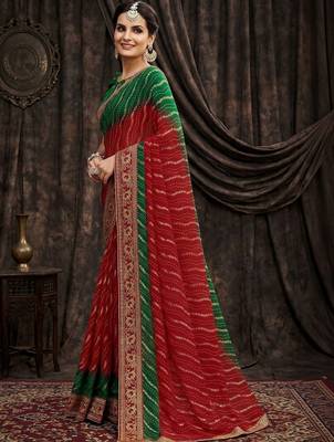 Red bandhani embroidered poly georgette heavy work bandhani saree 5