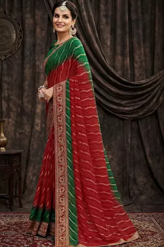 Red bandhani embroidered poly georgette heavy work bandhani saree