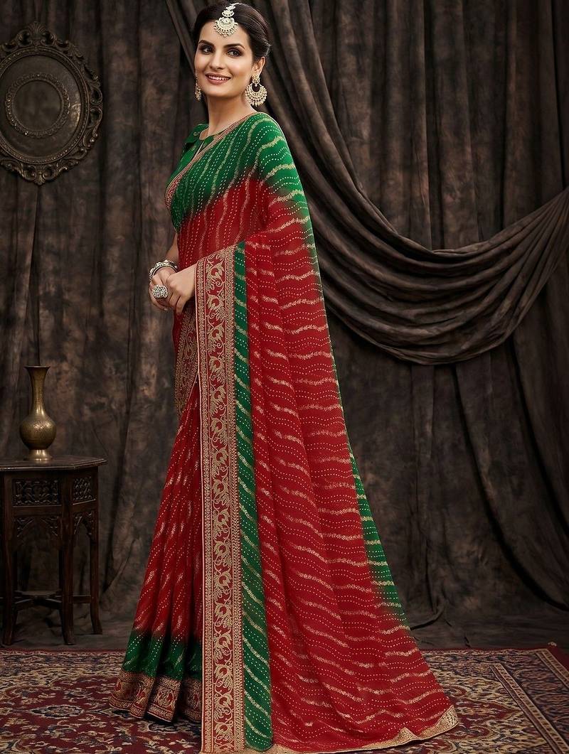 Red bandhani embroidered poly georgette heavy work bandhani saree
