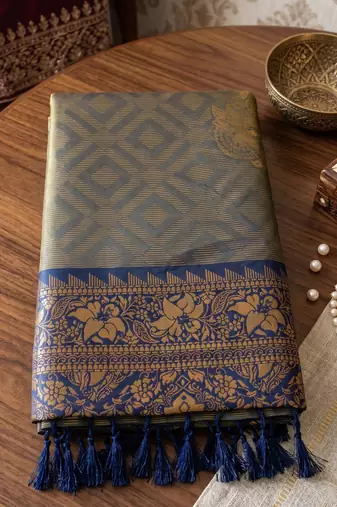 grey brasso saree with navy blue blouse for women festive party ethnic wear