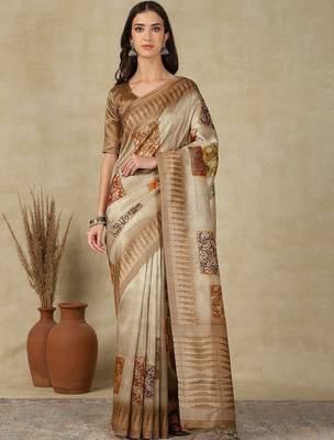 Beige ethnic motifs woven design silk cotton kasavu saree 1