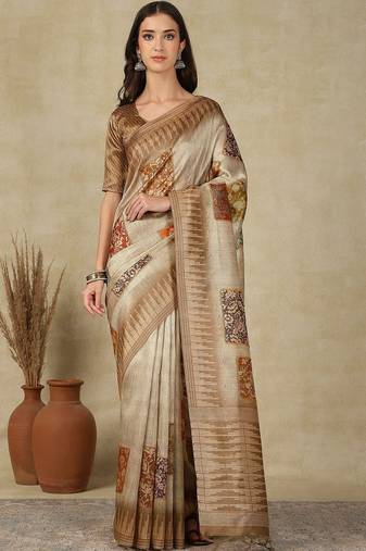 Beige ethnic motifs woven design silk cotton kasavu saree