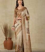 Beige ethnic motifs woven design silk cotton kasavu saree