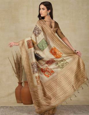 Beige ethnic motifs woven design silk cotton kasavu saree 2