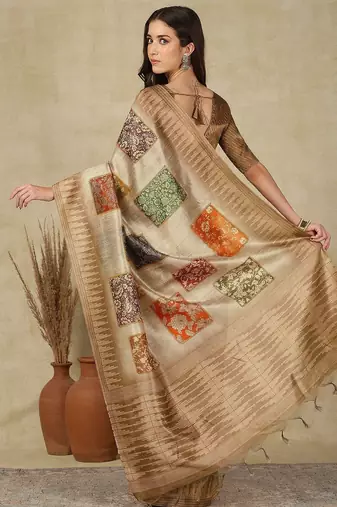 Beige ethnic motifs woven design silk cotton kasavu saree