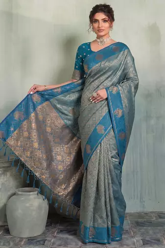 greyish blue brasso saree teal blouse ethnic wedding wear saree for women