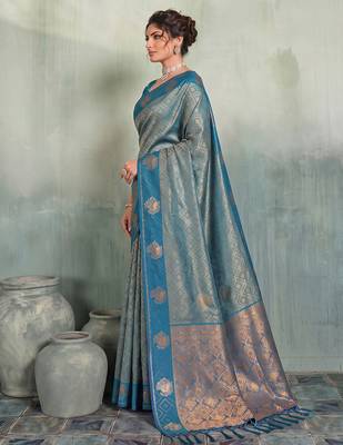 greyish blue brasso saree teal blouse ethnic wedding wear saree for women 2