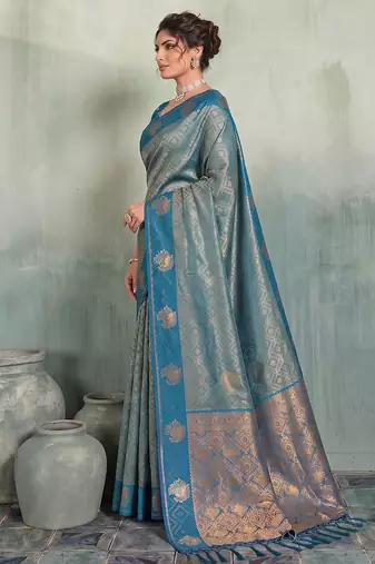 greyish blue brasso saree teal blouse ethnic wedding wear saree for women