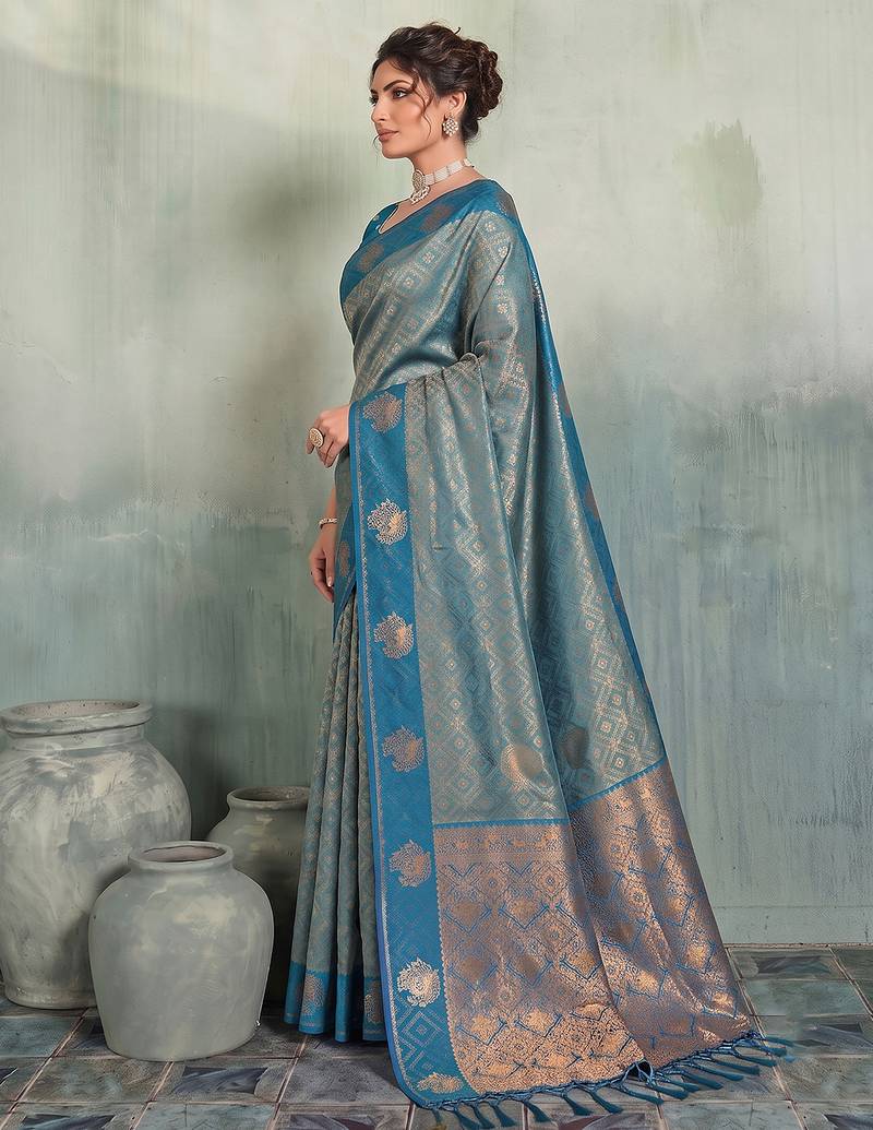 greyish blue brasso saree teal blouse ethnic wedding wear saree for women