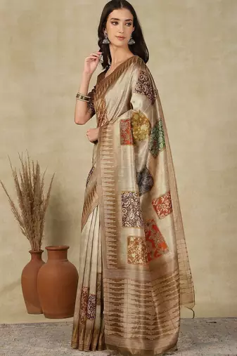 Beige ethnic motifs woven design silk cotton kasavu saree