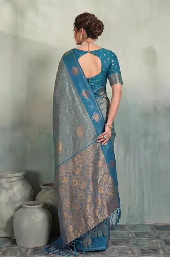 greyish blue brasso saree teal blouse ethnic wedding wear saree for women