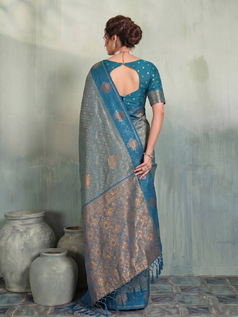 greyish blue brasso saree teal blouse ethnic wedding wear saree for women