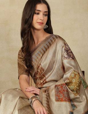Beige ethnic motifs woven design silk cotton kasavu saree 4