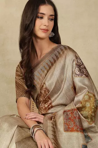 Beige ethnic motifs woven design silk cotton kasavu saree
