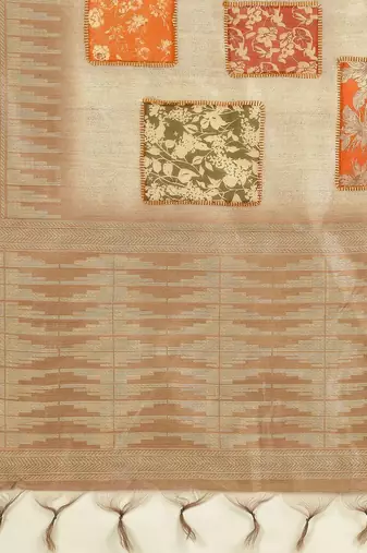 Beige ethnic motifs woven design silk cotton kasavu saree