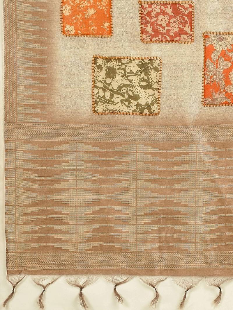 Beige ethnic motifs woven design silk cotton kasavu saree
