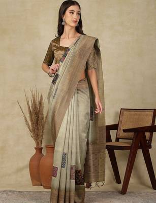 Sea green ethnic motifs silk cotton kasavu saree 1