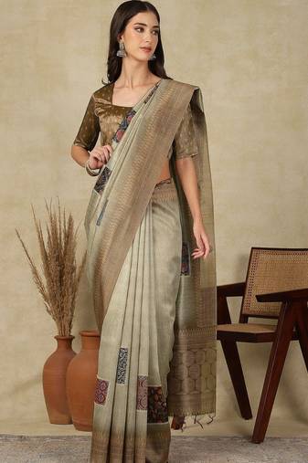 Sea green ethnic motifs silk cotton kasavu saree