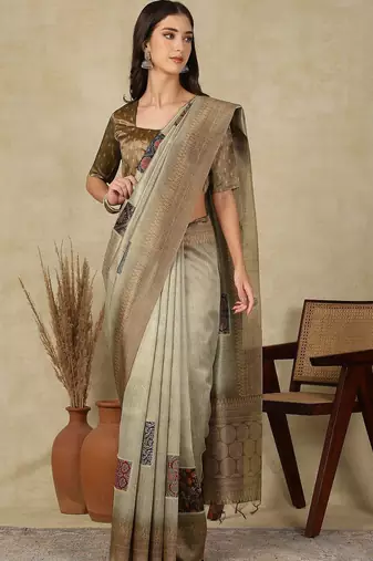 Sea green ethnic motifs silk cotton kasavu saree
