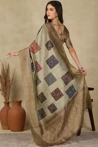 Sea green ethnic motifs silk cotton kasavu saree