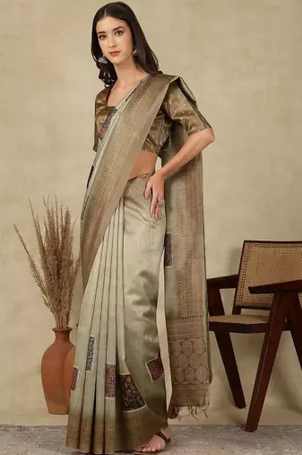 Sea green ethnic motifs silk cotton kasavu saree
