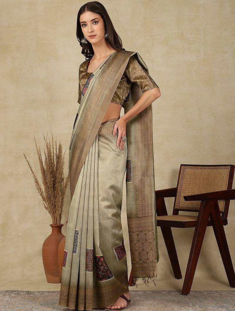 Sea green ethnic motifs silk cotton kasavu saree