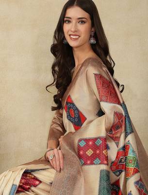 Beige ethnic motifs woven design silk cotton kasavu saree 1