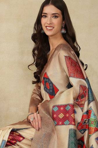 Beige ethnic motifs woven design silk cotton kasavu saree