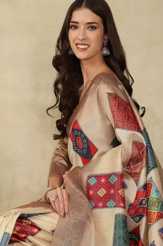 Beige ethnic motifs woven design silk cotton kasavu saree