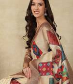 Beige ethnic motifs woven design silk cotton kasavu saree