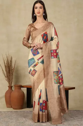 Beige ethnic motifs woven design silk cotton kasavu saree