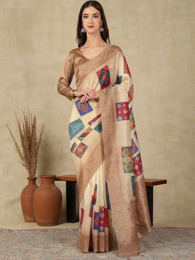 Beige ethnic motifs woven design silk cotton kasavu saree